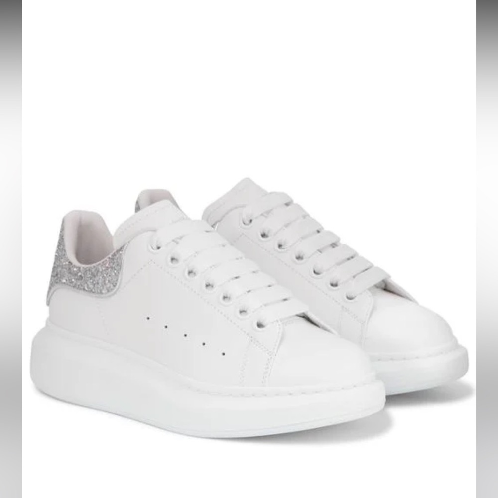 Alexander McQueen (Women's White Glitter-trimmed Leather Sneakers) AUTHENTIC
